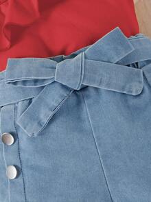 SHEIN 女婴休闲不对称荷叶边下摆背心和牛仔短裤两件套，夏季 - 紅色 - 查看 7