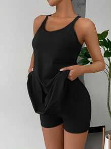 SHEIN EZwear 女式纯色无袖吊带裙，内置短裤，休闲日常穿着，加大码 - 黑色 - 查看 6