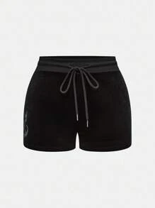 ROMWE J-Fashion Conjunto de 2 peças Y2K com letras de gato sexy e strass, decoração de veludo, top tipo bandeau e shorts de veludo com cordão na cintura, para mulheres - Preto - Ver 10
