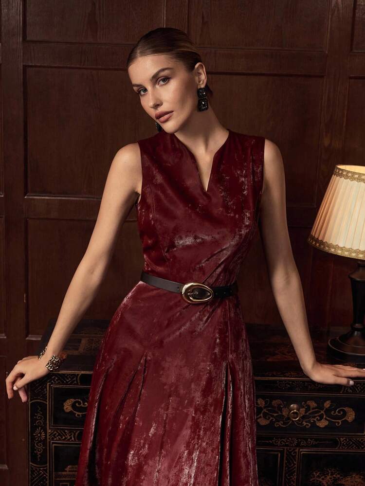ZEYLAH Elegant Flare Hem Cinched Waist Sleeveless Women's Dress For Autumn/Winter