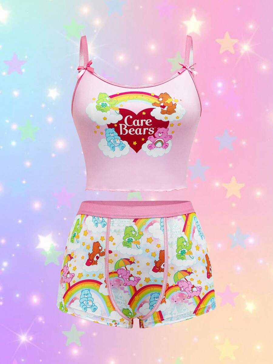 SHEIN X Care Bears 加大码字母和卡通熊图案吊带背心和平角裤内衣套装 - 粉色 - 查看 1