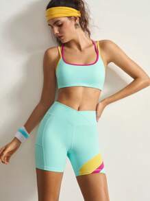 VARSIVA Conjunto de ropa deportiva para mujer con top de tirantes y shorts con recortes de bloques de color - Multicolor - Ver 11