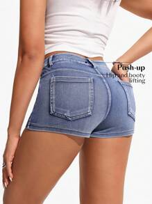 Flexra 女式口袋紧身休闲百搭牛仔短裤 - 淺色水洗藍 - 查看 2