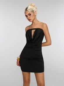 Jeanoix Women's Black Strapless Draped Neck Rave Bodycon Mini Dress Night Out Summer - Black - View 5
