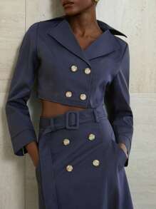 Aveloria Modichic Bộ 2 món/Bộ Áo crop top dài tay ve hai hàng khuy cho nữ + Chân váy chữ A xẻ tà màu trơn trang phục công sở thanh lịch thường ngày cho nữ - Màu xanh hải quân - Xem 3