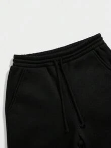 2件套青少年男童休闲舒适百搭印花连帽运动衫和运动裤套装 - 黑色 - 查看 6