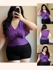 Flirla Áo cánh dơi cổ chữ V sâu cỡ lớn, thắt eo màu tím thanh lịch dành cho nữ, thích hợp cho kỳ nghỉ, hẹn hò và tiệc tùng - Màu tím - Xem 8
