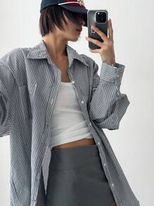 DAZY Loose Casual Striped Long Sleeve Shirt, Versatile,Fall Women Clothes School - Black - View 9