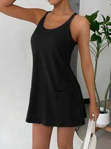 SHEIN EZwear 女式纯色无袖吊带裙，内置短裤，休闲日常穿着，加大码 - 黑色 - 查看 5