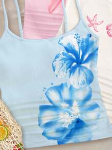 SHEIN 3pcs/Set Tween Girls Tropical Floral & Beach Themed Fitted Camisole Tops, White, Light Pink, Light Blue Tween Girls Tank Tops Girls Summer Tank Tops Cute Summer Tops For Girls Cute Girls Beach Tops Tween Tank Tops For Summer, School, Campus, College - Multicolor - View 3