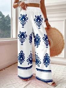 Travachic Quần dài in họa tiết hình học cổ điển màu xanh dành cho nữ, thích hợp cho kỳ nghỉ hè, bãi biển, đảo, phong cách cổ điển, phong cách kỳ nghỉ thường ngày, gợi cảm, dễ thương, Y2K Coconutgirl, kỳ nghỉ Boho, phong cách Hippie, lễ hội âm nhạc - Nhiều màu - Xem 2