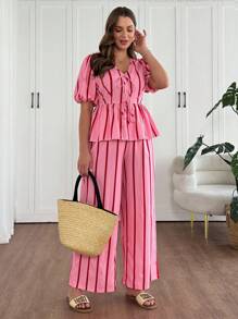 Vionelle Plus Size Pink Striped Bowknot Short Sleeve 2 Pieces Set - Pink - View 1