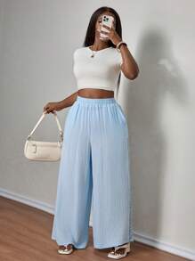 SHEIN PETITE CURVE Pantalon casual de grande taille, couleur unie, adapté pour l'été - Bleu ciel - Voir 5
