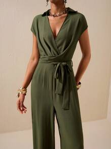 Zivah New Summer Casual Simple Basic Style Daily Dating Commuting Elegant Lapel Sleeveless Wide Shoulder Cross Strap Waist Wide Leg Straight Pants Green Women's Jumpsuit-A Green Jumpsuit Women Summer Jumpsuits For Women Casual Jumpsuits For Women Green Women Jumpsuit - Army Green - View 6