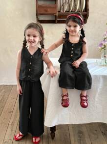 LMoss Kids LMoss 女婴两件套，梭织纯色方领上衣和宽松休闲裤，黑色套装，适合2-3岁女童，黑色女婴服装 - 黑色 - 查看 6