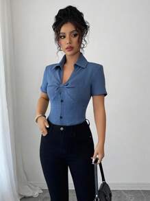 Elenzga 牛仔效果面料设计蝴蝶结短袖衬衫