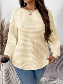 SHEIN LUNE Plus Size Women White Autumn Smart Casual Everyday Solid Round Neck Loose Long Sleeve Textured Quilted Pullover Sweatshirt,Fall Winter Light Sweater - Beige - View 5