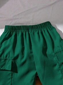 SHEIN 2pcs/Set Young Boy Summer Textured Striped Polo Collar Top And Cargo Pants Outfit - Dark Green - View 3