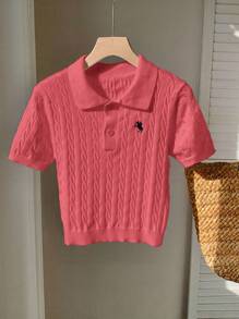 Comfortcana 女式休闲骑士图案短袖 Polo 领针织上衣 - 紅色 - 查看 4