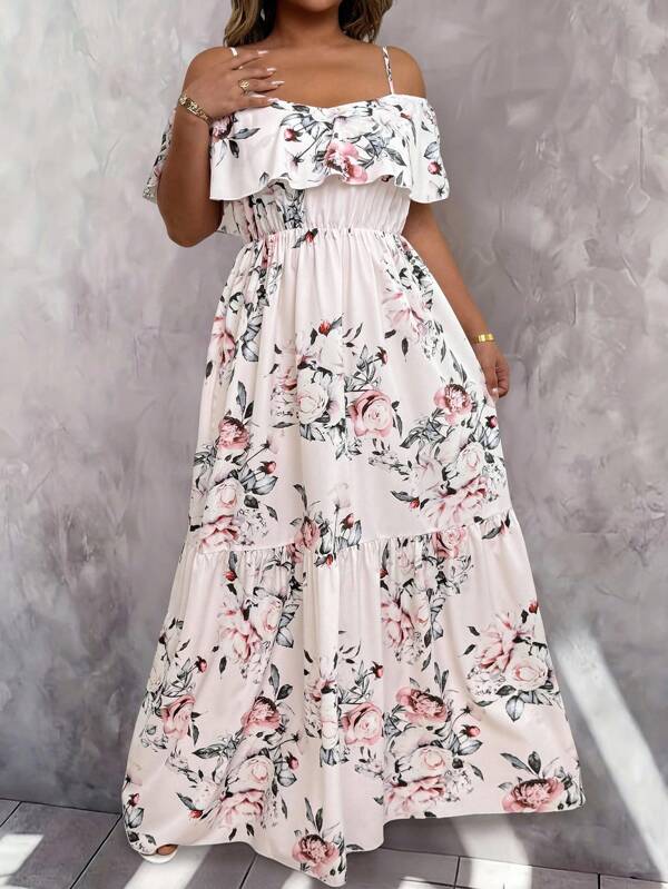 SHEIN Unity Damen Große Größen lässiges Midi-Kleid mit Blume Muster, tailliert mit gerüschter Taille, Off-Shoulder