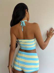 Aloruh Spring/Summer Vacation Halter Neck Tie-Up Ruched Contrast Color Stripe Backless Knit Top - Multicolor - View 2