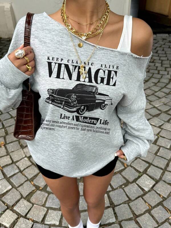 Muchica Sweat-shirt décontracté avec imprimé vintage de voiture et col asymétrique pour femmes