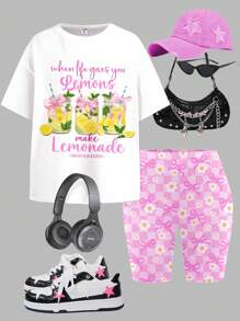 SHEIN Conjunto informal de verano de 2 piezas con camiseta de manga corta y shorts para niñas preadolescentes, con diseños de "Brilla y gira", "Verano relajado", "Fruta y lazo", "Patrón de limón y té" y la frase "Cuando la vida te da limones, haz limonada" - Multicolor - Ver 3