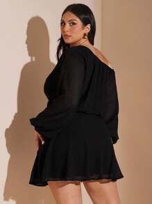 SHEIN BAE Plus Size Solid Black Chiffon Asymmetric Asymmetric Neck Loose Lantern Sleeve Short Mini Dress For Women, Holiday Chiffon Dress,Fall Women Clothes,School Clothes,Y2k Clothes,Country Outfits Women,Vintage Clothes Women,Festival Outfits Women,Wedding Guest Dress Curve,Summer Outfits For Women,Formal Dresses For Women,Birthday Women Outfits,Black Dress/ Black Mini Dress/ Long Sleeve Mini Dress/ Flowy Mini Dress/ Black Vacation Dress