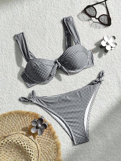 Swim Mod 2pcs Women Summer Holiday Beach Plaid Front Tie Bikini Set