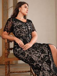 Anewsta 大码女式V领短袖束腰优雅蕾丝中长连衣裙 - 黑色 - 查看 2