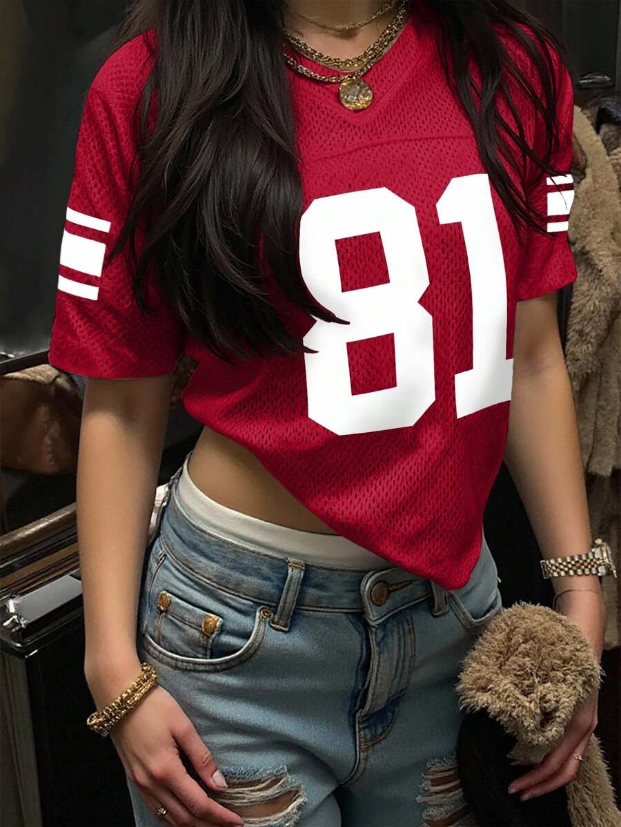 INAWLY Women's V-Neck T-Shirt With 81 Numeric Print, Sporty Style - Burgundy - View 1