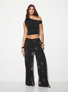 KIZN 串珠花卉图案阔腿阔腿晚装裤，缀饰亮片水晶闪光派对长裤，水钻场合装扮，节日时尚 - 鏽棕色 - 查看 3