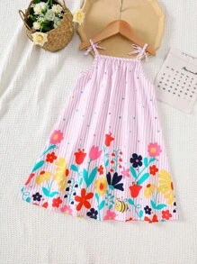 SHEIN 女童下摆印花休闲度假吊带A字连衣裙 儿童夏季连衣裙 女童碎花连衣裙 儿童夏季连衣裙 幼儿女童夏季连衣裙 - 紫色 - 查看 2