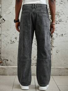 Manfinity Roughcore 街头时尚大口袋工装牛仔裤，水洗男士牛仔裤 - 灰色 - 查看 2