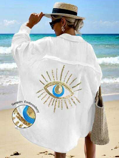 SHEIN 2025 Plus Size Women Sequins Decor Casual Shirt Dress Fall Cloth For Women