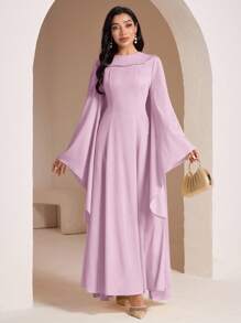 Veilorie 女士纯色圆领喇叭袖优雅阿拉伯风格连衣裙 - 紫色 - 查看 1