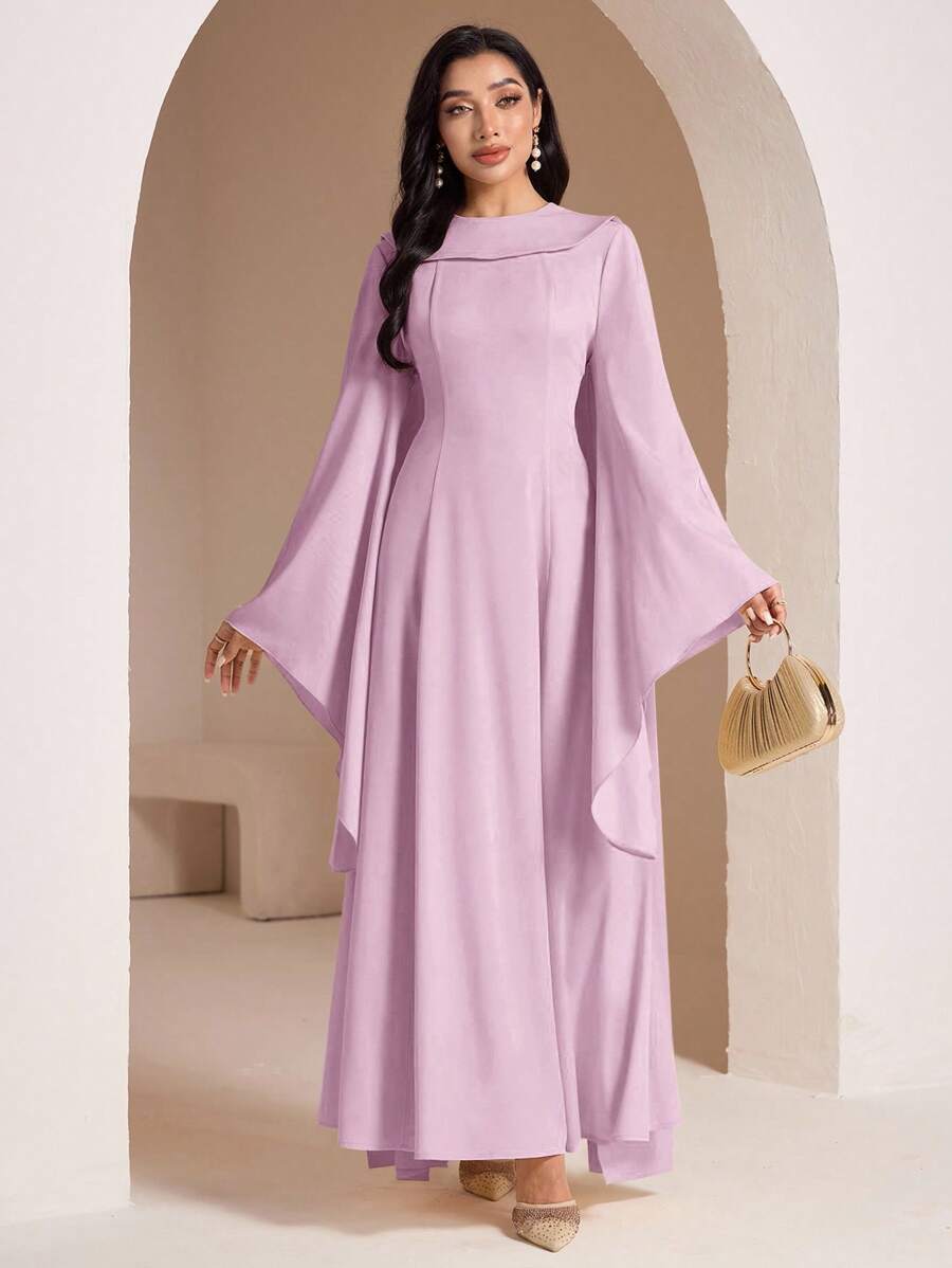 Veilorie 女士纯色圆领喇叭袖优雅阿拉伯风格连衣裙 - 紫色 - 查看 1