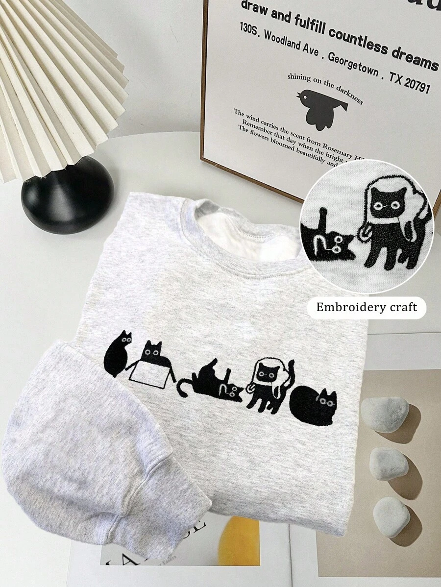 INAWLY Sudadera con cuello redondo para mujer con bordado de gato gracioso y gato loco, para otoño