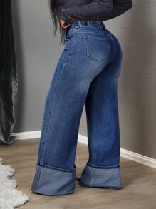 Slaydiva Plus Size Casual Washed High Waist Wide Leg Jeans,Fall Clothes For Women - Blue - View 4