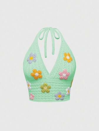 Top de tirantes con cuello halter de ganchillo con diseño floral, estilo de vacaciones