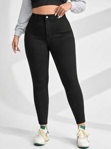 SHEIN CURVE+ Plus Size Cowgirl Stretch Skinny Casual Black 7/8 Jeans, Rodeo - Black - View 1