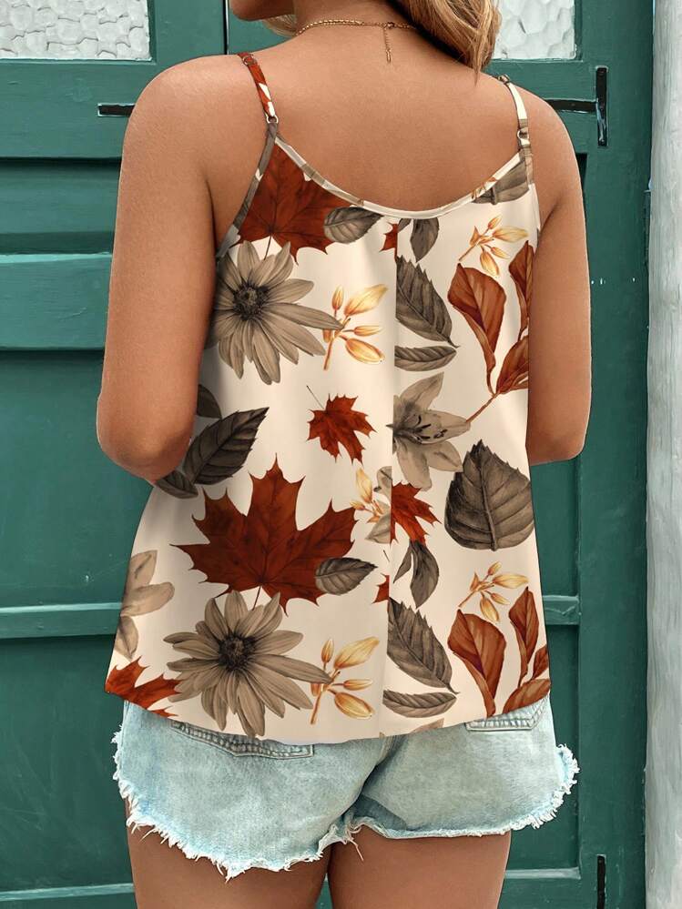 EMERY ROSE Plus Size Casual Minimalist Vacation Elegant Fall Leaf Plant Print Cami Top Suitable For Summer,Going Out Tops Women Summer Top Suitable For Going Out,Holiday Top For Women - Multicolor - View 2