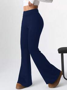 SHEIN EZwear 女士休闲海军蓝保暖修身喇叭裤 - 藏蓝色 - 查看 4