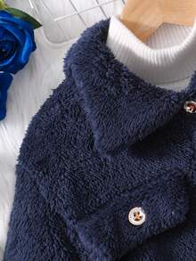 青少年女孩纯色长袖仿毛领夹克 - 藏蓝色 - 查看 6