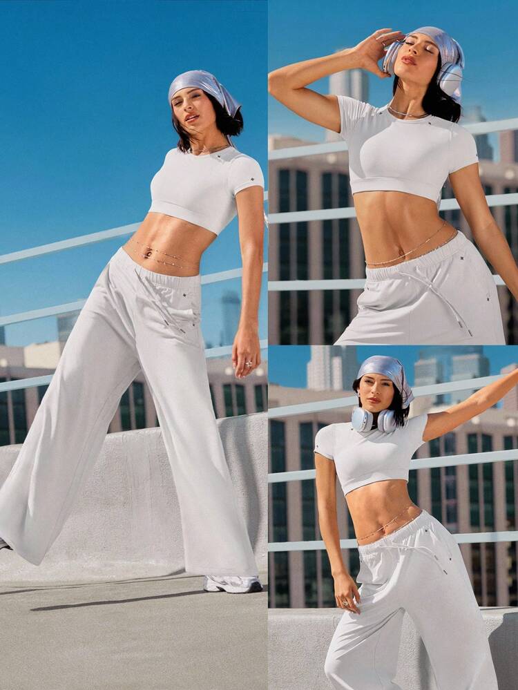 FeatherFit™ Glow Ahead Buttery-Soft Sweat-Wicking Stretchy Reflective Collar Short Sleeve Crop Tee Low Impact Dancing Yoga Pilates Barre Studio Daily Casual Wear