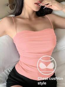DAZY Tight-Fit Tank Top With Built-In Padded, Ruched Design - Pink - View 3