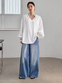 DAZY Blusa de mujer de manga larga con bordado floral, estilo bohemio, casual y suelto, para resort, con cuello alto y cordón, ropa casual de trabajo para mujer