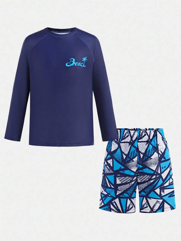 Sensorimotor Kids Conjunto de camiseta de manga larga tipo "rash guard" con estampado de hojas y pantalones cortos de baño para niños y adolescentes, atuendo para vacaciones en la playa