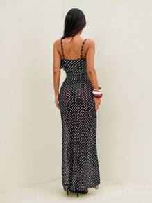 Bonvoyette 夏季海滩度假波点印花金属装饰连体泳衣和长裙两件套 - 黑與白 - 查看 3