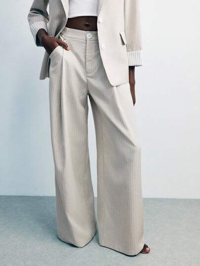 Maija Women's Casual Versatile Everyday Striped Wide Leg Loose Straight Pants Flowy Pants Business Casual Woman Fall Women Clothes Teacher Outfits Business Casual Woman Work Clothes Women Work Pants Office Wear Women Office Attire For Women Fall Women Clothes Fall Outfits Women Autumn Clothes Teacher Outfits For Women Teacher Shirts Teacher Outfits